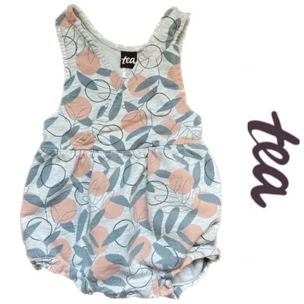 Tea Collection | Baby Girl Bubble Romper Grey Green Peach | Size 6-9 months